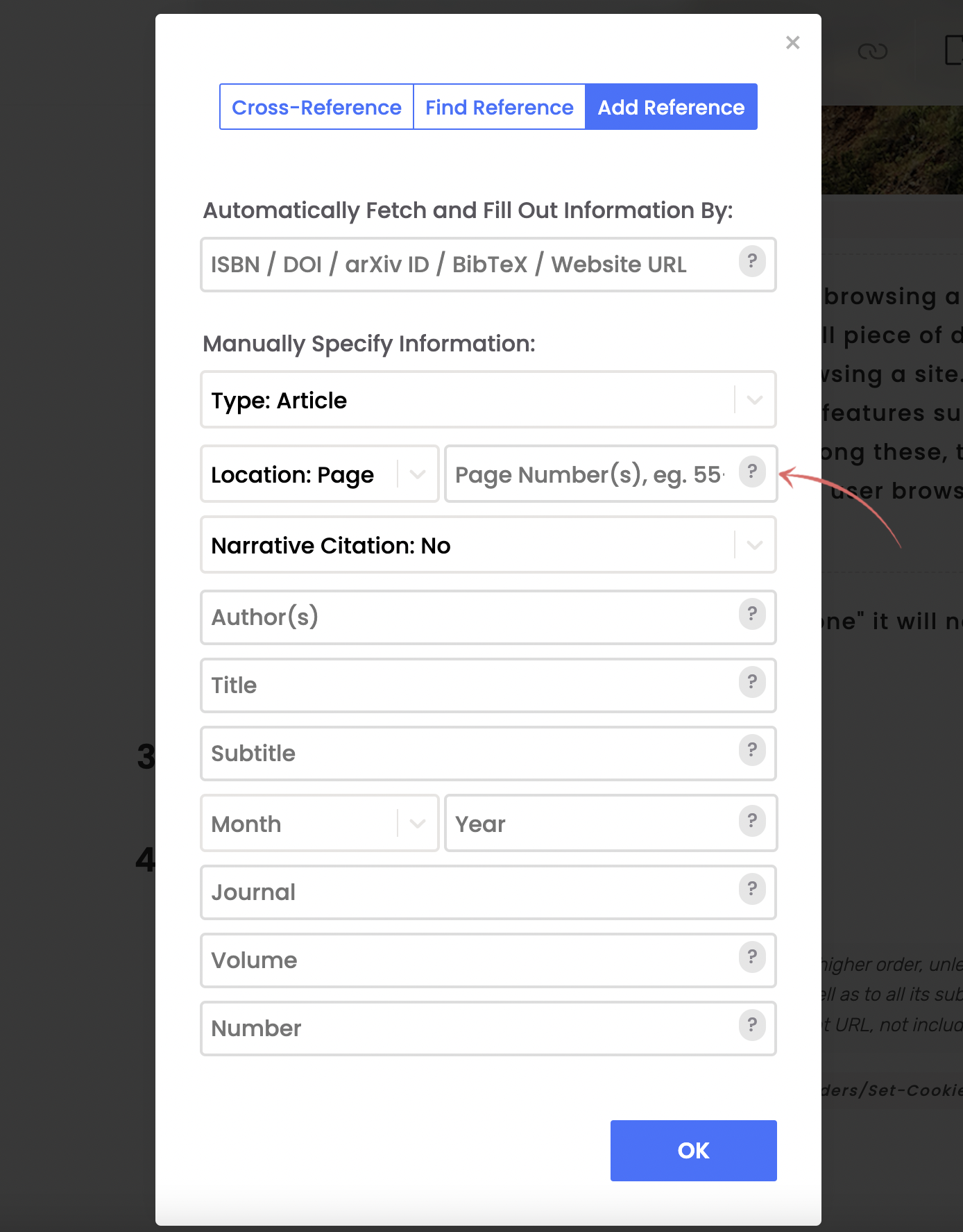 A screenshot showing where the specify the page number when citing an newly cited reference