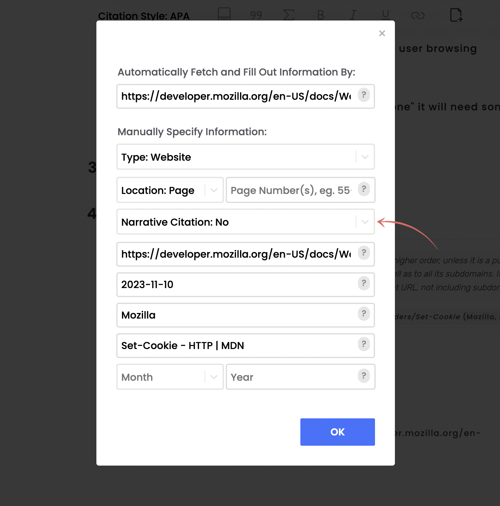 A screenshot showing where the specify toggle from normal citation to narrative citation