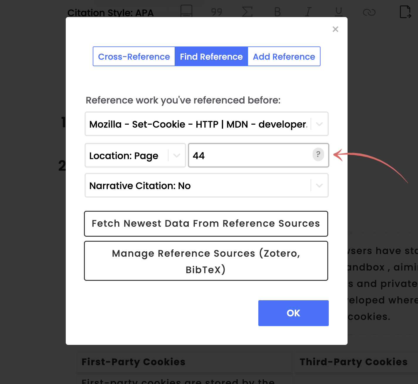 A screenshot showing where the specify the page number when citing an already cited reference